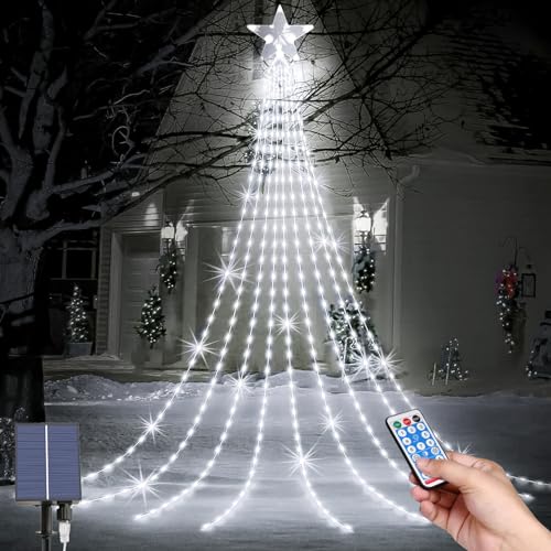 LED Weihnachtsbeleuchtung Außen, LED Solar Weihnachtsbaum Lichterkette, 9*2M 8 Modi 198 LEDs Außen Wasserdicht Christbaumbeleuchtung mit Sterne Fernbedienung für Party, Fest, Weihnachtsbaumdekoration von MXJFYY