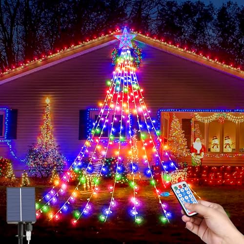 LED Weihnachtsbeleuchtung Außen, LED Solar Weihnachtsbaum Lichterkette, 9*2M 8 Modi 198 LEDs Außen Wasserdicht Christbaumbeleuchtung mit Sterne Fernbedienung für Party, Fest, Weihnachtsbaumdekoration von MXJFYY