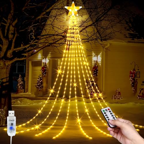 LED Weihnachtsbeleuchtung Außen, LED USB Weihnachtsbaum Lichterkette, 9*2M 8 Modi 198 LEDs Außen Wasserdicht Christbaumbeleuchtung mit Sterne Fernbedienung für Party, Fest, Weihnachtsbaumdekoration von MXJFYY