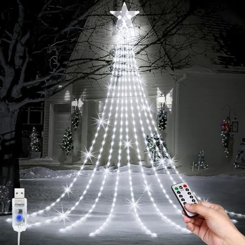 LED Weihnachtsbeleuchtung Außen, LED USB Weihnachtsbaum Lichterkette, 9*2M 8 Modi 198 LEDs Außen Wasserdicht Christbaumbeleuchtung mit Sterne Fernbedienung für Party, Fest, Weihnachtsbaumdekoration von MXJFYY