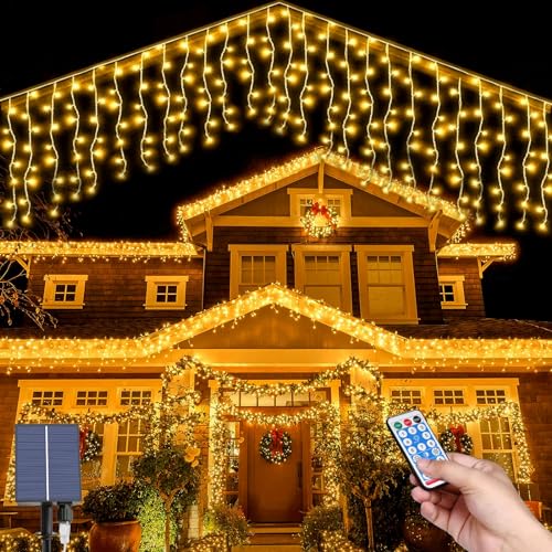 MXJFYY Weihnachten Solar Eiszapfen Lichterkette Außen, 5M Wasserdicht Eiszapfen Lichterkette, 16pcs*0.8M 128LEDs Eiszapfen Vorhang Lichter mit 8 Modi Fernbedienung, Weihnachtsdekolicht von MXJFYY