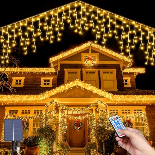 MXJFYY Weihnachten Solar Eiszapfen Lichterkette Außen, 8M Wasserdicht Eiszapfen Lichterkette, 44pcs*0.8M 264LEDs Eiszapfen Vorhang Lichter mit 8 Modi Fernbedienung, Weihnachtsdekolicht von MXJFYY