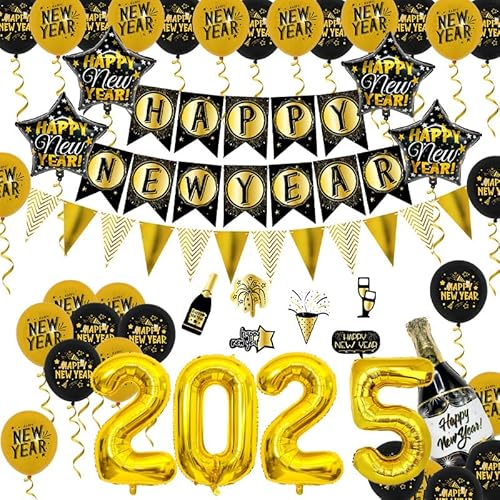 Silvester Deko 2025 Set, 48 Stück Happy New Year Deko Ballons Set, Goldene und schwarze Riesenfolienballons, Neujahrsbanner Wimpel Fotorequisiten, Partyzubehör für Latexballons (Black Gold) von MXJFYY