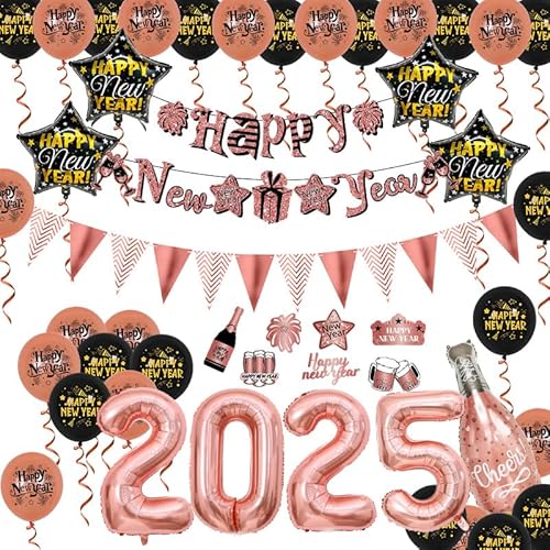 Silvester Deko 2025 Set, 48 Stück Happy New Year Deko Ballons Set, Roségold Riesenfolienballons, Neujahrsbanner Wimpel Fotorequisiten, Partyzubehör für Silvester Latexballons von MXJFYY