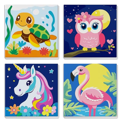 MXJSUA 4er-Pack Malen-Nach-Zahlen-Set Für Kinder Mit Rahmen, Tier-Malen-Nach-Zahlen Für Alter 6-12, Schildkröte Eule Einhorn Flamingo Muster Auf Leinwand, Acryl-Ölfarben Für Heimw dekoration 20x20cm von MXJSUA