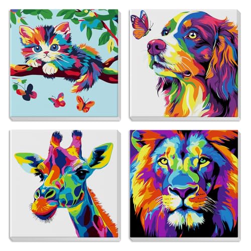 MXJSUA 4er-Pack Malen-Nach-Zahlen-Set Für Kinder Mit Rahmen, Tier-Malen-Nach-Zahlen Für Alter 6-8-12, Katze Hund Giraffe Löwe Muster Auf Leinwand, DIY Acryl-Ölfarben Für Heimwanddekoration 20x20cm von MXJSUA