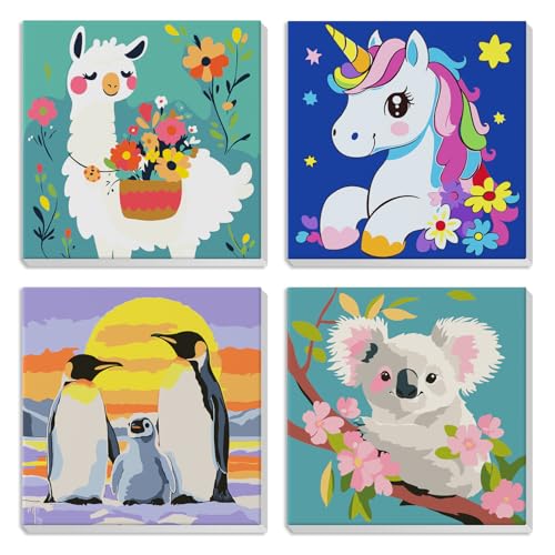 MXJSUA 4er-Pack Malen-Nach-Zahlen-Set Für Kinder Mit Rahmen, Tier-Malen-Nach-Zahlen Für Alter 6-8-12, Koala Pinguin Einhorn Alpaka Muster Auf Leinwand, Acryl-Ölfarben Für Heimwanddekoration 20x20cm von MXJSUA