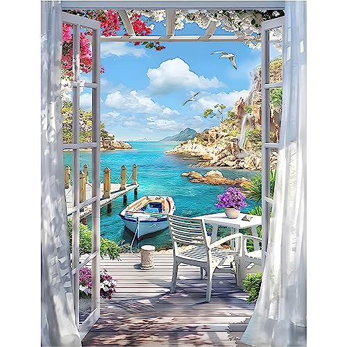 MXJSUA 5D Diamond Painting, Landschaftsküsten-Bootslandschaft Diamant Painting Kits Bilder für Erwachsene, DIY Diamant Malerei Diamond Painting Kinder Bilder Set 30x40cm für Wanddekor von MXJSUA