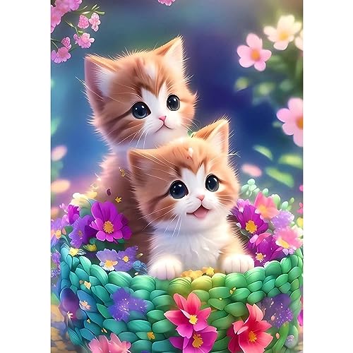 MXJSUA 5D Diamond Painting Set für Erwachsene, 2 Katzen und Blume Diamant Painting Bilder als Geschenk, Diamond Painting Zubehör Kits für Home Deco (30x40cm) von MXJSUA