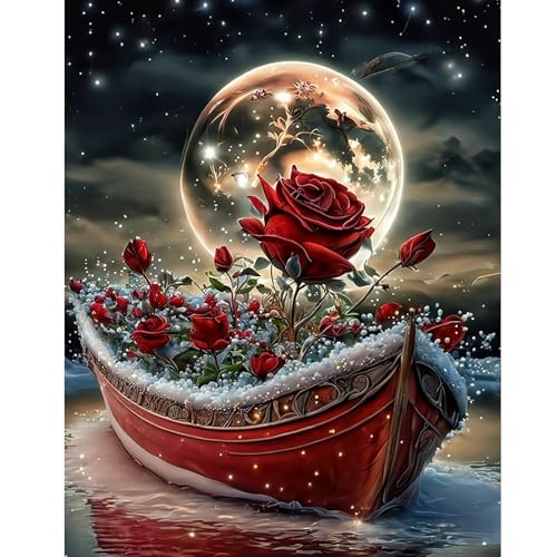 MXJSUA Diamond Painting Diamant Painting Bilder Mondrosenboot Diamond Painting Erwachsene Full Diamant Bilder Kinder Stickerei Set Kreuzstich Bilder Wall Room Home Decoration 30x40cm von MXJSUA