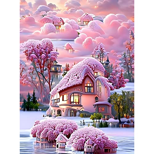 MXJSUA Diamond Painting Erwachsene Landschaft, Diamond Painting Diamant Painting Bilder Landschaft 5D Diamant Malerei Kits, DIY Diamond Painting Kits Rosa Haus im See 30x40cm für Wanddekoration von MXJSUA