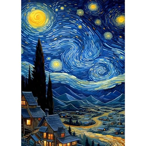 MXJSUA Diamond Painting Kits Für Erwachsene, 5D Diamond Art Kits Für Anfänger, DIY Vollbohrerbild Mit Diamant Für Heimwanddekoration, 30x40cm Sternenhimmel Dorf von MXJSUA