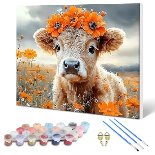 MXJSUA Highland Cow Malen Nach Zahlen Set Für Erwachsene Mit Rahmen, DIY Ölmalerei Set Auf Leinwand Für Anfänger, Malen-Nach-Zahlen Sets Für Wanddekoration Zu Hause 40x30cm von MXJSUA