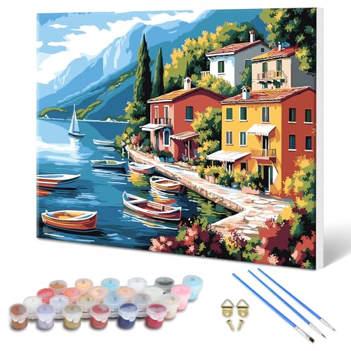 MXJSUA Italienisches See Dorf Malen Nach Zahlen Set Für Erwachsene Mit Rahmen, DIY Ölmalerei Set Auf Leinwand Für Anfänger, Malen-Nach-Zahlen Sets Für Wanddekoration Zu Hause 40x30cm von MXJSUA