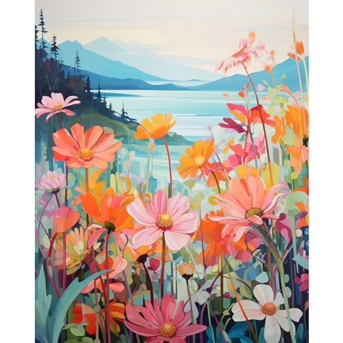 MXJSUA Malen-nach-Zahlen-Set für Erwachsene auf Leinwand mit Pinseln und Acrylfarbe, DIY-Ölgemälde für die Heimwanddekoration (40x50cm/16x20 Zoll) Blühende Blumen von MXJSUA
