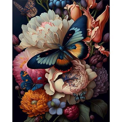 MXJSUA Malen-nach-Zahlen-Set für Erwachsene auf Leinwand mit Pinseln und Acrylfarbe, DIY-Ölgemälde für die Heimwanddekoration (40x50cm/16x20 Zoll) Blumen und Schmetterlinge von MXJSUA