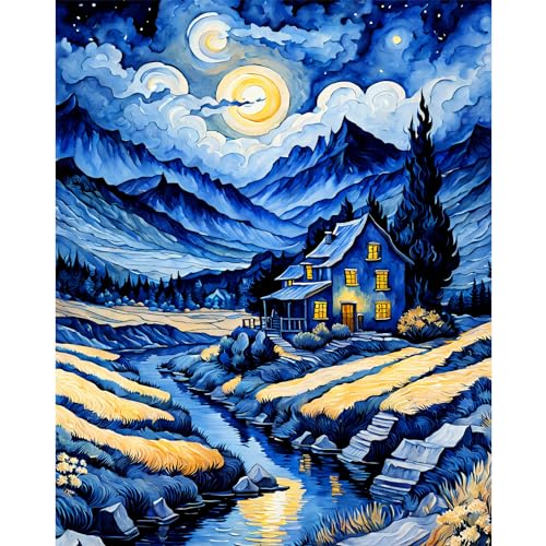 MXJSUA Malen-nach-Zahlen-Set für Erwachsene auf Leinwand mit Pinseln und Acrylfarbe, DIY-Ölgemälde für die Heimwanddekoration Mond Weizenfeld (40x50cm/16x20 Zoll) von MXJSUA