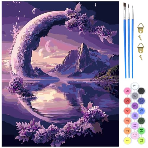 MXJSUA Mond Malen Nach Zahlen Kits Für Erwachsene Anfänger, Blumen See Malen Nach Zahlen Kit Auf Leinwand Erwachsene Malen-Nach-Zahlen Kits DIY Ölmalerei Kits Für Geschenk Wohnwand Dekoration 40x50cm von MXJSUA