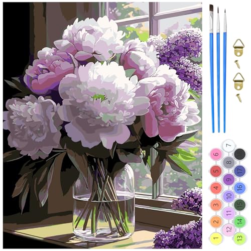 MXJSUA Pfingstrosen Malen Nach Zahlen Kits Für Erwachsene Anfänger, Blumen Malen Nach Zahlen Kit Auf Leinwand Erwachsene Malen-Nach-Zahlen Kits DIY Ölmalerei Kits Für Wohnwand Dekoration 40x50cm von MXJSUA