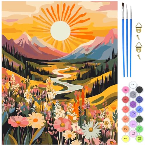 MXJSUA Sonnenaufgang Malen Nach Zahlen Kits Für Erwachsene Anfänger, Tal Wildblumen Malen Nach Zahlen Kit Auf Leinwand Erwachsene Malen-Nach-Zahlen Kits Ölmalerei Kits Für Wohnwand Dekoration 40x50cm von MXJSUA