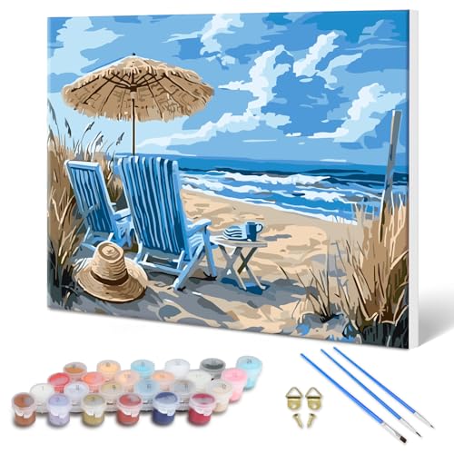 MXJSUA Stühle Am Meer Malen Nach Zahlen Set Für Erwachsene Mit Rahmen, DIY Ölmalerei Set Auf Leinwand Für Anfänger, Malen-Nach-Zahlen Sets Für Wanddekoration Zu Hause 40x30cm von MXJSUA