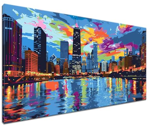 Malen Nach Zahlen Erwachsene Chicago, DIY Handgemalt Ölgemälde Leinwand Kits, DIY Set Erwachsene Anfänger Paint by Numbers Malen Nach Zahlen Landschaft zur Heimdekoration, Kein Rahmen (60x80cm) H-2 von MXRUOO