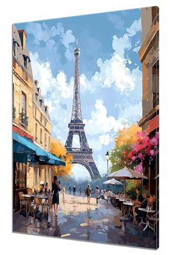 Malen Nach Zahlen Paris, DIY Malen nach Zahlen Turm für Anfänger und Erwachsene, Bastelset Erwachsene Paint by Numbers Ölgemälde mit 3 Pinsel, Acrylfarbe für Home Wanddeko (Ohne Rahmen) 60x80cm T-5 von MXRUOO