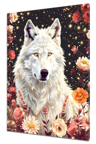 Malen Nach Zahlen Weißer Wolf, DIY Malen nach Zahlen Rose für Anfänger und Erwachsene, Bastelset Erwachsene Paint by Numbers Ölgemälde mit 3 Pinsel, Acrylfarbe für Wanddeko (Ohne Rahmen) 40x50cm K-1 von MXRUOO