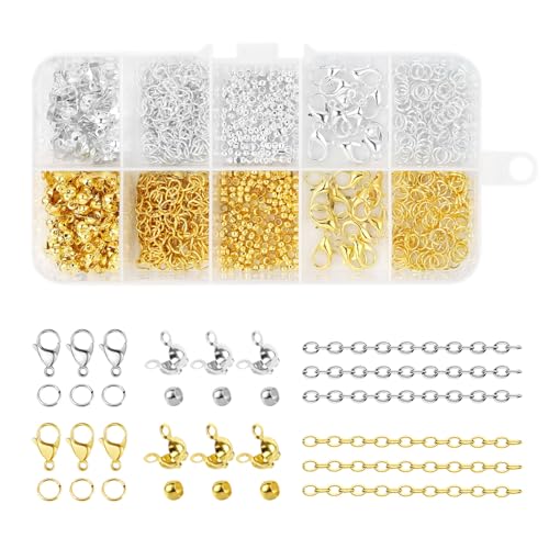 MXTIMWAN 840 Stück Kettenverschlusse Set, Schmuckherstellung Verschlüsse Hummer Armband Verschluss Set DIY Schmuckherstellung Zubehör Enthalt Biegeringe Ketten Verschlüsse Set (Gold und Silber) von MXTIMWAN