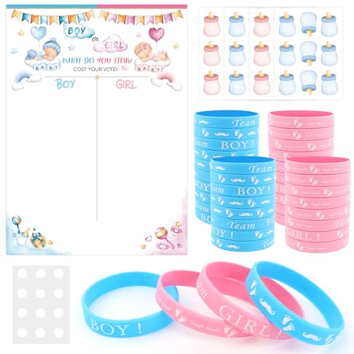 MXTIMWAN Gender Reveal Party Deko Geschlecht Verkünden, Enthüllung Party Baby Deko 1 STK Abstimmung Poster 36 Pcs Stickers 40 Pcs Team Girl or Boy Armbänder für Baby Shower, Babyparty von MXTIMWAN