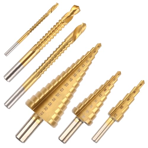 MXTIMWAN HSS 6 tlg Stufenbohrer Set,Kegelbohrer Metall,Schälbohrersatz set,Spiralbohrer,Konusbohrer Ø 4-32mm,4-20mm,4-12mm Für DIY-Kunststoff, Holz, Metall, Aluminium, Eisen von MXTIMWAN