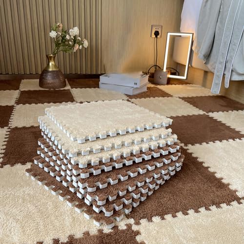 MYIESAXL 100 Stück Plüsch-Puzzle-Spielmatte, Quadratische Teppichfliesen, Ineinandergreifende Schaumstofffliesen, Boden-Spielmatte, Wohnzimmer, 30 x 30 cm von MYIESAXL