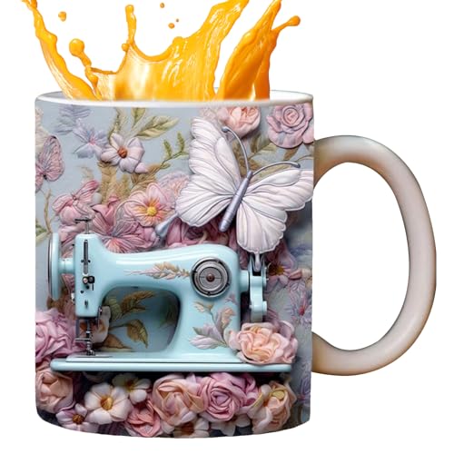 3D-Nähbecher – 1/3 Stück Keramik-Nähmaschinenkaffeetasse, 325 ml, lustige Kaffeetasse, Keramik-Nähbecher mit flachem Blumen-Schnittmuster, Steinzeug-Keramikbecher, Geschenke für Quilt-Enthusiasten von MYJIO