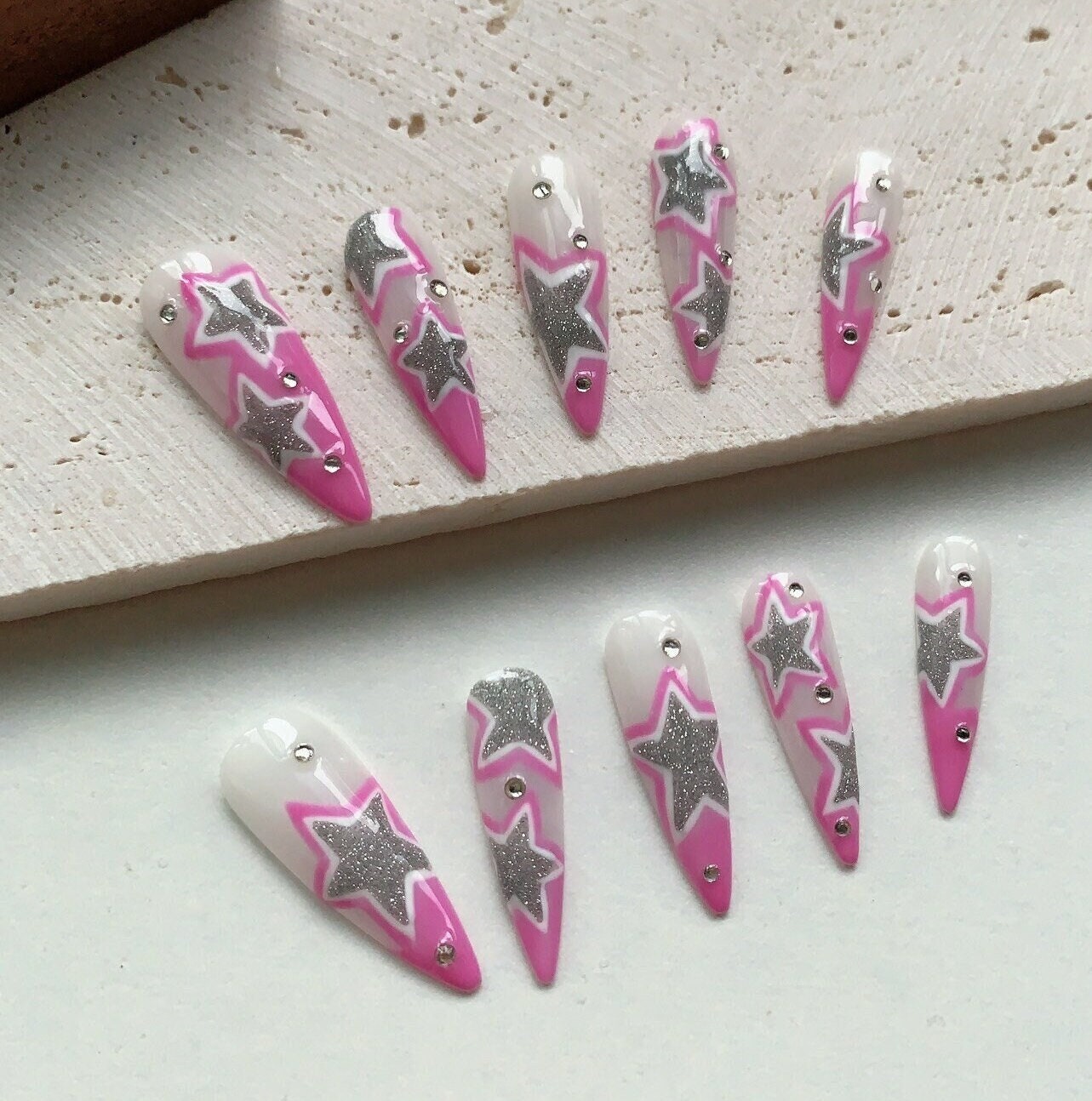 Barbie Style Press On Nails Manicure/ Reusable/ Long Stiletto 28mm von MYNAILPRESS