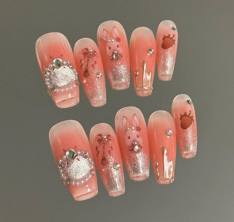 Blush Bunny Sparkle Press On Nails Manicure/Reusable Medium Coffin 20 Mm von MYNAILPRESS