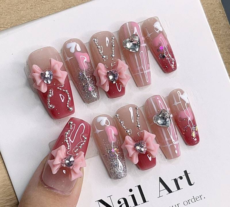 Cat Eye With Butterfly Knot Press On Nails Manicure/Reusable Long Coffin/ S Size von MYNAILPRESS