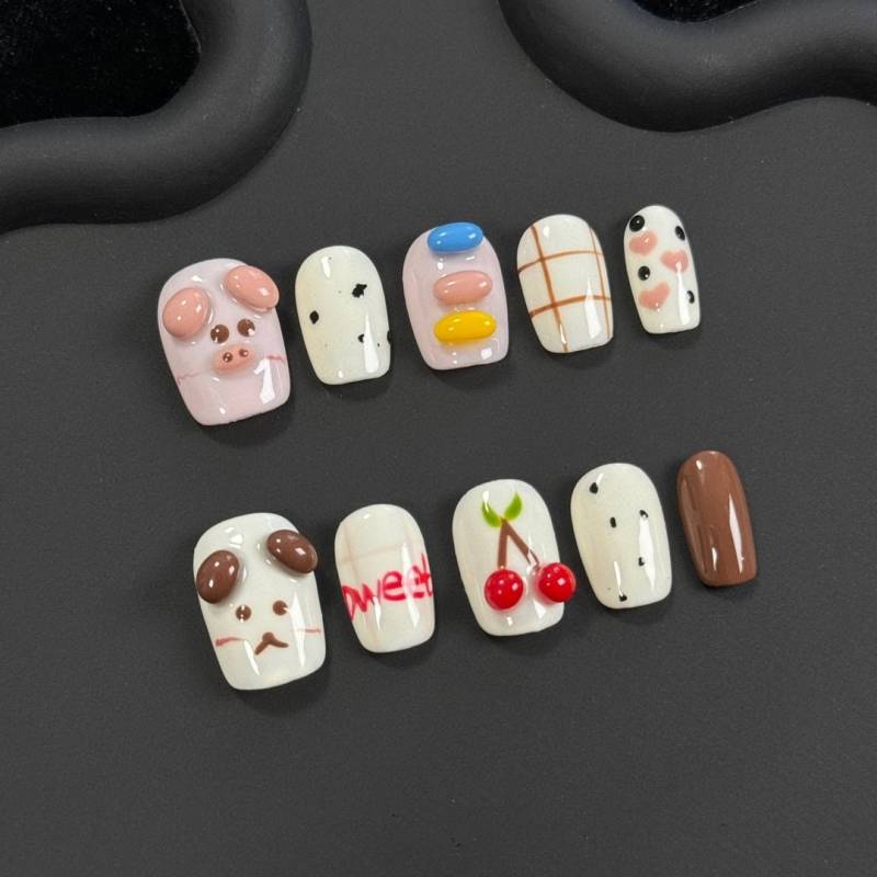 Cute Farm Animals & Sweet Treats Press On Nails Manicure/ Reusable Nails/Medium Squared Oval 18mm von MYNAILPRESS