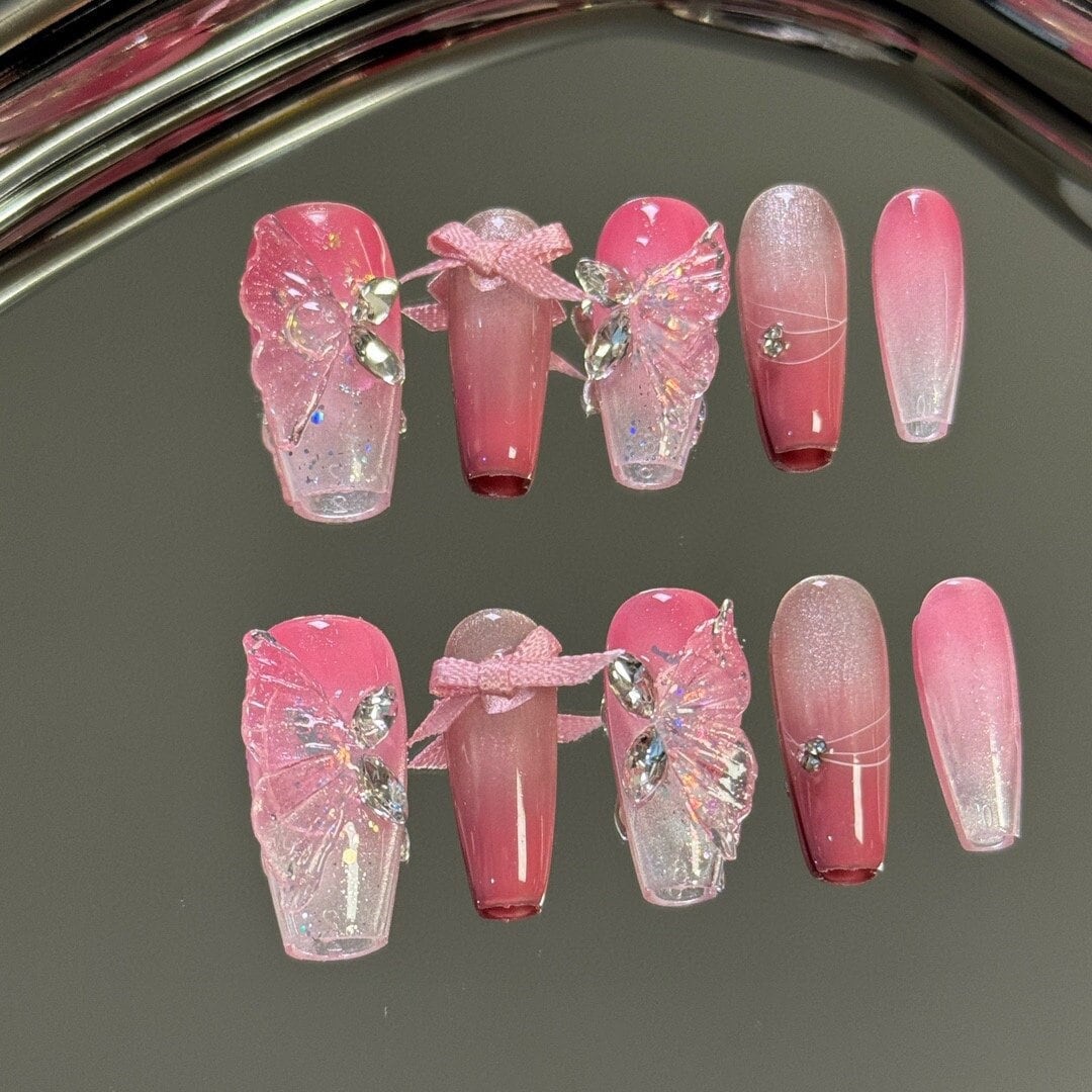 Glittering Fairy Wings Press On Nails Manicure/Reusable Medium-Long Coffin 24mm von MYNAILPRESS