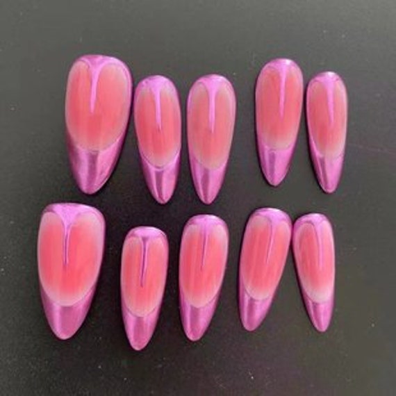 Pink Aurora Press On Nails Manicure/ Reusable/ Almond Shape 22mm von MYNAILPRESS