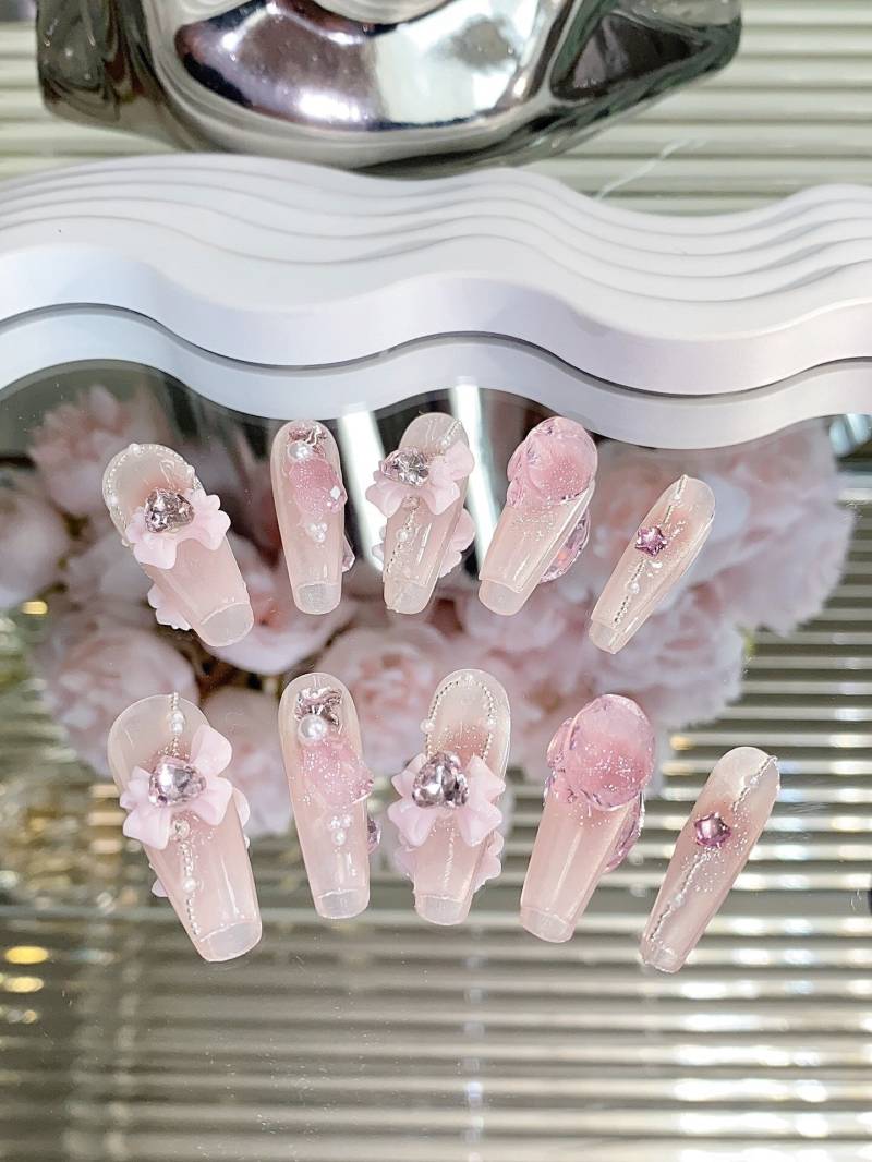 Pink Butterfly Bow With Ice-Cold Feeling Press On Nails Manicure/Reusable Medium-Long Coffin 24mm von MYNAILPRESS