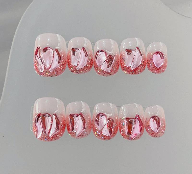 Pink Rhinestone Press On Nails Manicure/Reusable Short Squoval von MYNAILPRESS