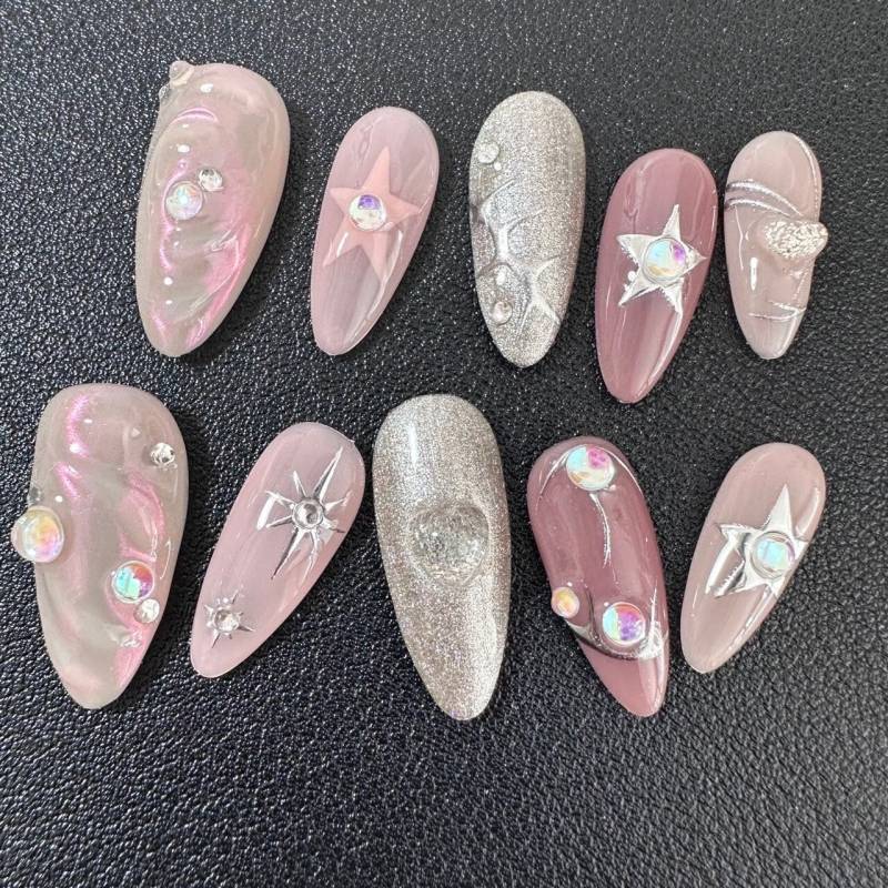 Pink Stardust Press On Nails Manicure/Reusable/ Almond Shape 22mm von MYNAILPRESS