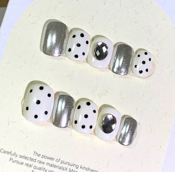 Polka Dots & Mirror Jewel Press On Nails Manicure/Reusable/ Short Square 15mm von MYNAILPRESS