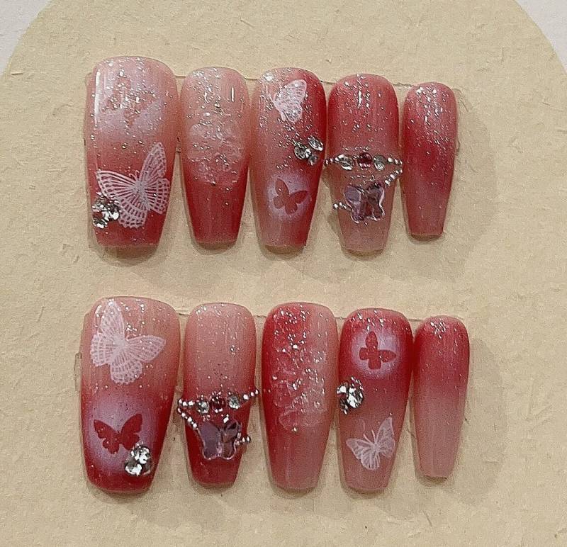 Red Gradient Butterfly Press On Nails Manicure/Reusable Nails/ Medium Coffin von MYNAILPRESS