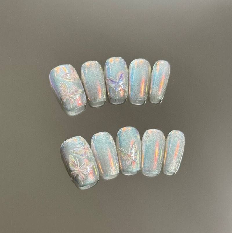 Shimmering Butterfly Garden Press On Nails Manicure/Reusable/ Medium Square 18mm von MYNAILPRESS