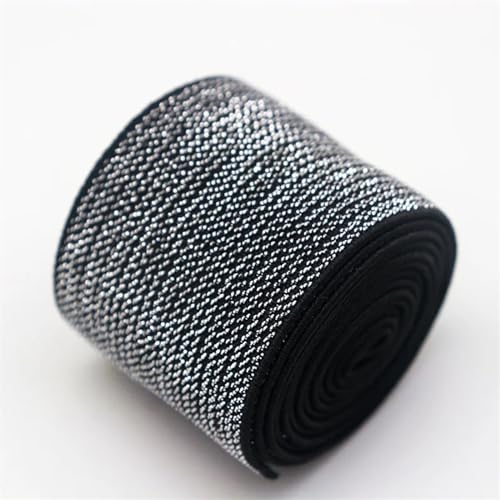 MYOND Elastisches Band 5 m hochdichter gewebter Golddraht und silberner Flacher elastischer Gürtel, Gold- und Silber-Gummiband, DIY-Kleidung, Hosen, Nähzubehör(Silver on Black 34mm) von MYOND