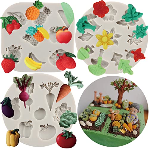 MYPRACS 3 Stück Silikonform für Gemüse Obst Rettich Tomate Aubergine Kohl Erdbeere Ananas Fondantform für Cupcake Topper Kuchendekoration Süßigkeiten Schokolade Gummipaste Polymerton von MYPRACS