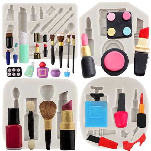 MYPRACS 4 Stück Makeup Werkzeuge Silikonformen Lippenstift Parfümflasche Fondantform Nagellack Makeup Pinselformen für Cupcake Topper Polymerton Schokolade Gummipaste Kuchendekoration von MYPRACS