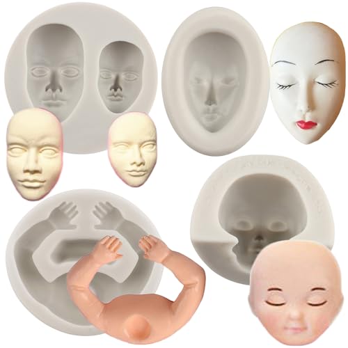 MYPRACS 4 Stück Menschliches Gesicht Silikonform Puppenkörper Fondantform Babygesichtsformen 3D Babyarmform für Kuchendekoration Cupcake Topper Schokolade Süßigkeiten Gummipaste Polymerton von MYPRACS