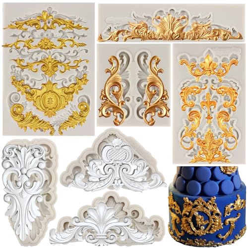 MYPRACS 7 Stück Barock Stil Schnörkel Spitze Silikon Fondant Formen Relief Blumenform filigrane Form für Kuchendekoration Cupcake Topper Polymer Ton Süßigkeiten Schokolade Gummipaste von MYPRACS